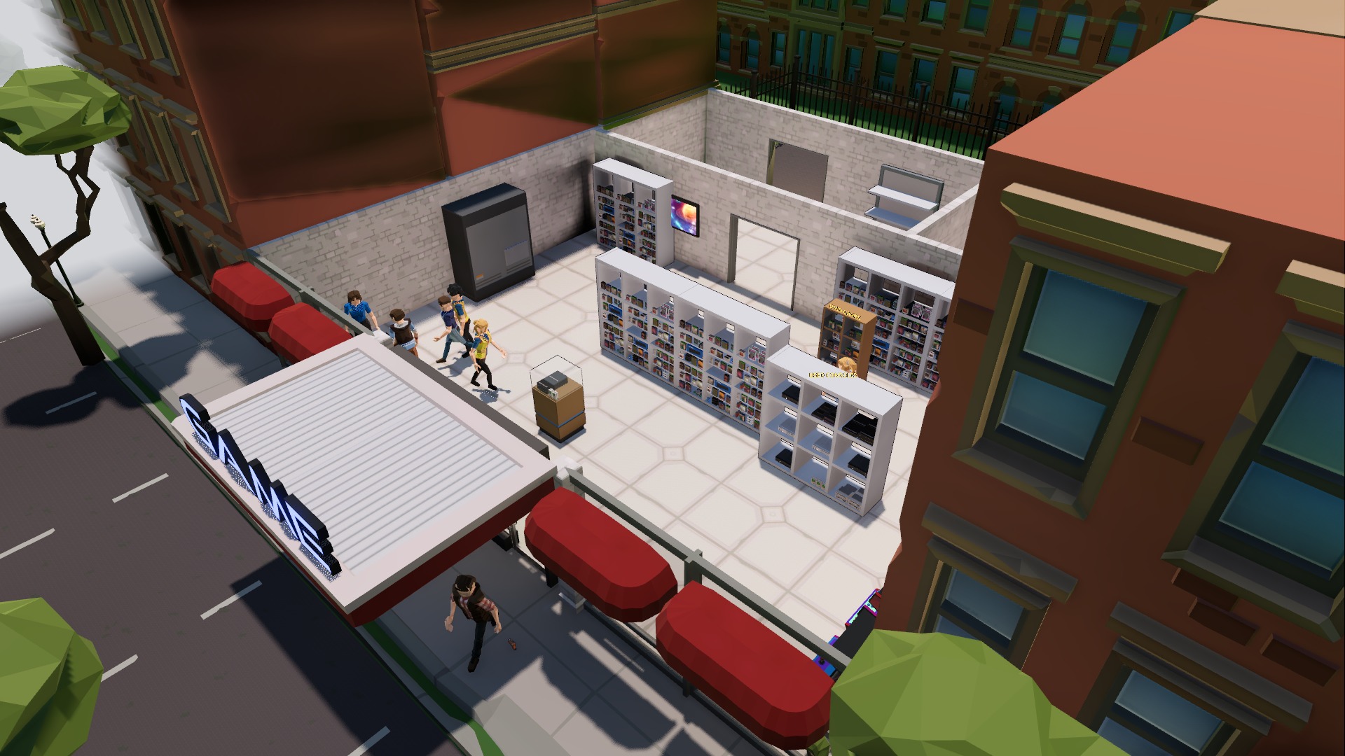 Cutaway view of the store from above: shelves of games, shoppers at the checkout and the street outside