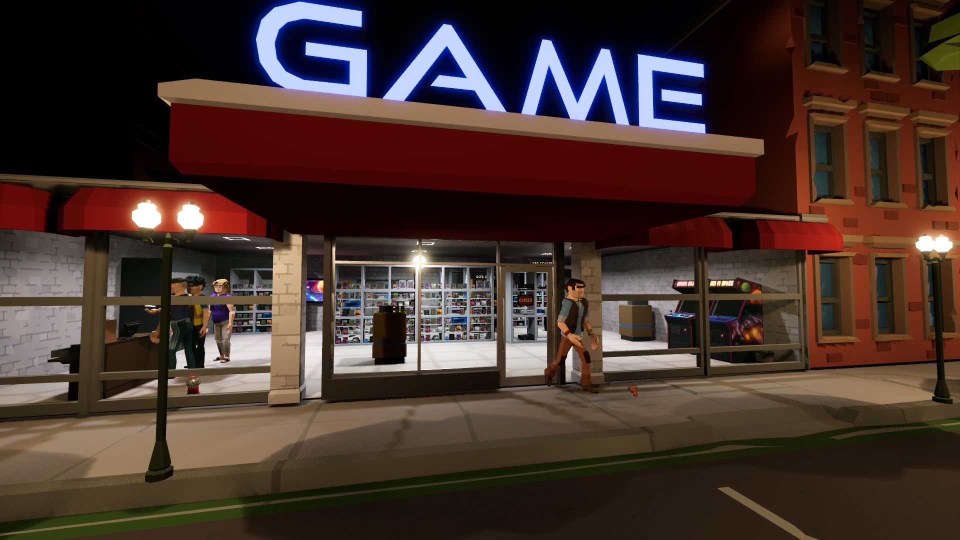 The game store at night: a glowing GAME sign over red awnings, shoppers browsing behind the windows