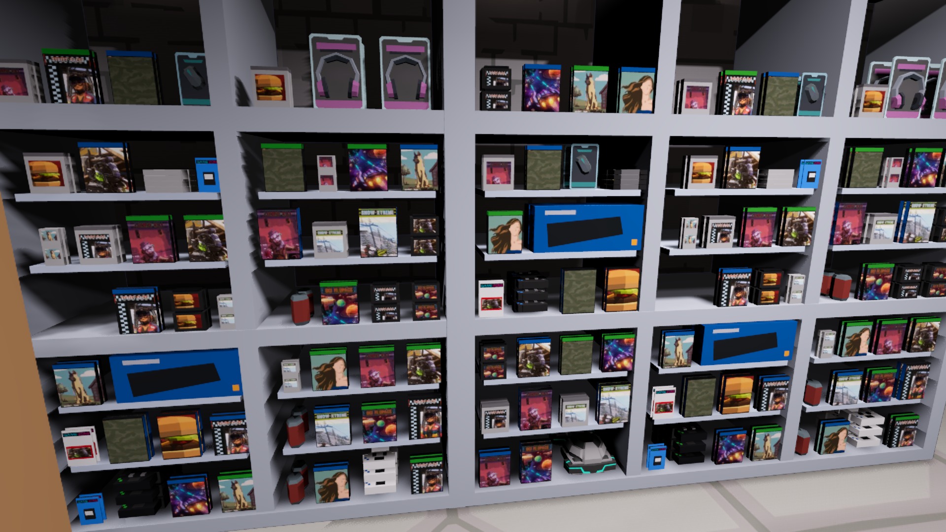 A fully stocked Game Shelf: dozens of game cases, controllers and headsets in square cubbies