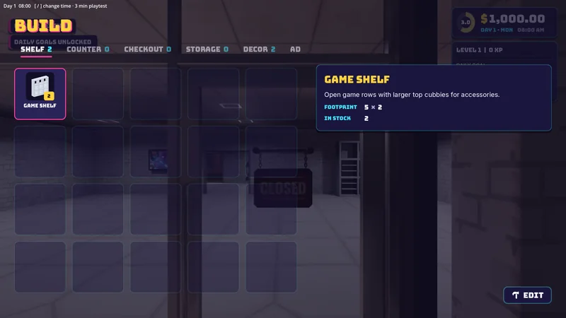 The build menu with categories for shelves, counters, checkouts, storage, decor and ads