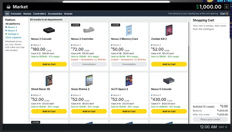 The Market app on the office computer, listing consoles and games with case prices and margins
