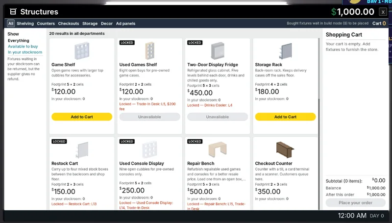 The Structures app listing the Game Shelf, Used Games Shelf, fridge, storage rack and more